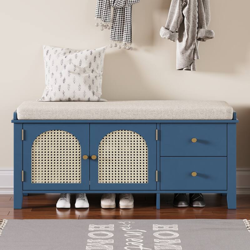 Storage Entryway Bench Wooden Shoe Bench with 2 Drawers, 2 Rattan Door & Removable Cushion for Living Room Entryway Hallway