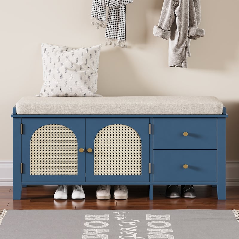 Wood Frame Bench with Shoe Storage, Shoe Bench with Rattan Arched Door and 2 Drawers Entryway Fabric Upholstered Bench