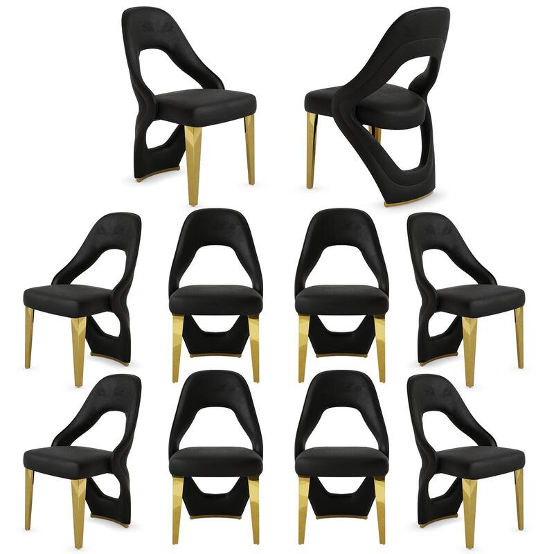 Velvet Dining Chairs with Open Back and Polished Metal Legs - Black - Set of 10