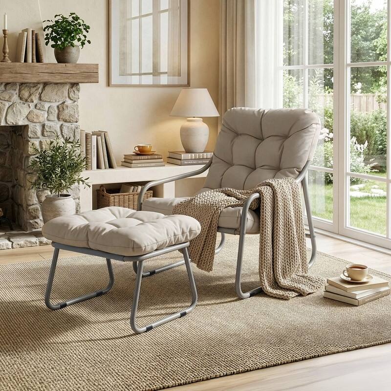 Modern Indoor/Outdoor Lounge Chair and Ottoman with Thick Cushion for Living Room