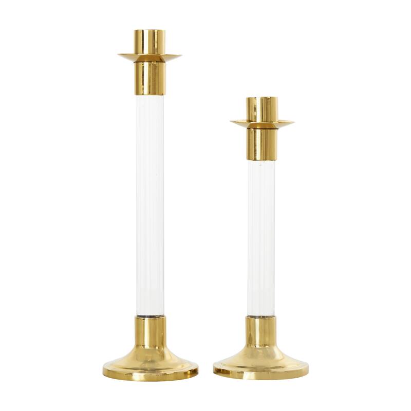 Gold or Silver Stainless Steel Metal Candle Holder with Clear Glass Center (Set of 2)