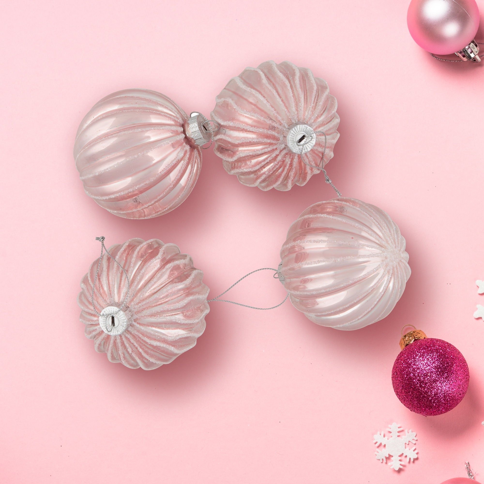 Shiny Glitter Geometric Glass Ball Ornaments 3" (80mm) Pink 4ct
