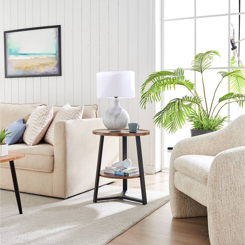 Mason Round 2-Tier Side Accent Table with Raised Lip Edge Tabletop and Mid-century Modern Crossed Metal Bold Pedestal Legs