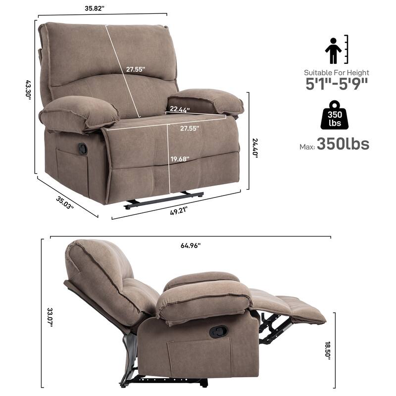 Grey Extra Wide Recliner with Heated Pillow & Fleece Upholstery
