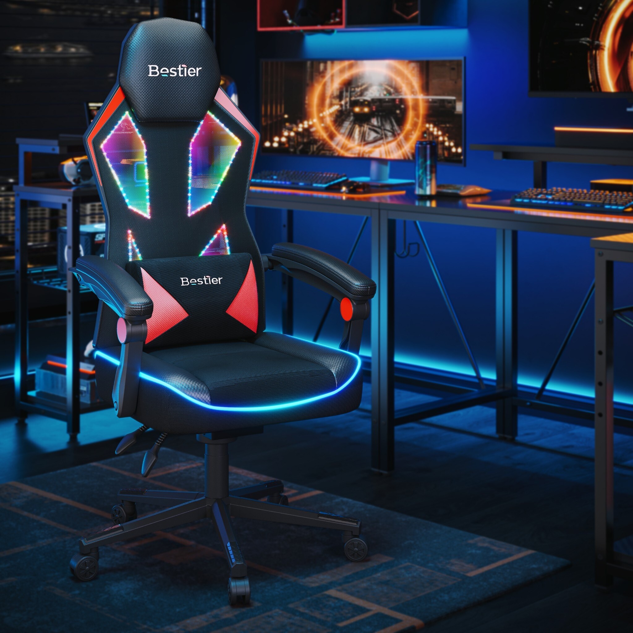 Ergonomic Gaming Chair with RGB LED Lights Ventilated Fabric Computer Chair with Pocket Spring Cushion and Articulated Armrests On Sale Bed Bath Beyond 40359454