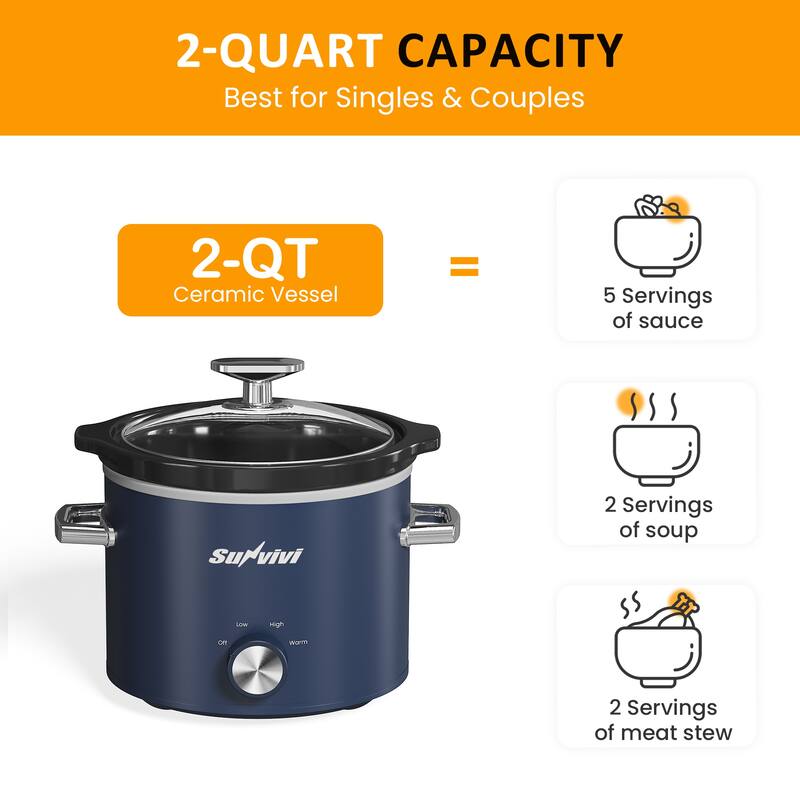 2QT Small Slow Cooker with 3 Heating Settings