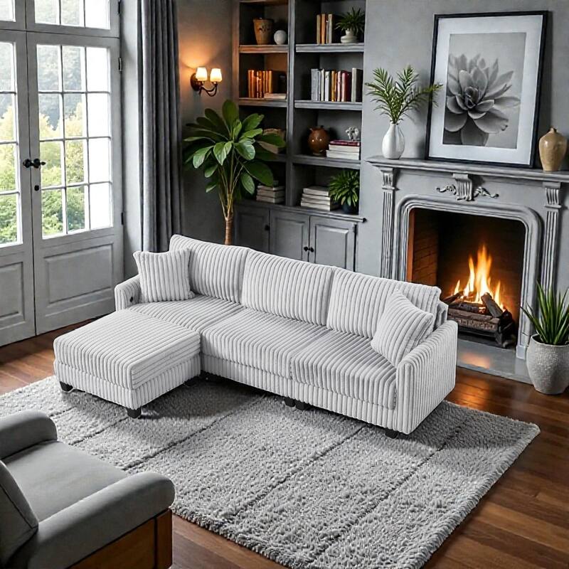 L-Shaped Modular Corduroy Sofa with Free-Moving Footrest, Built-In USB Charging Ports, 3-Seat Couch