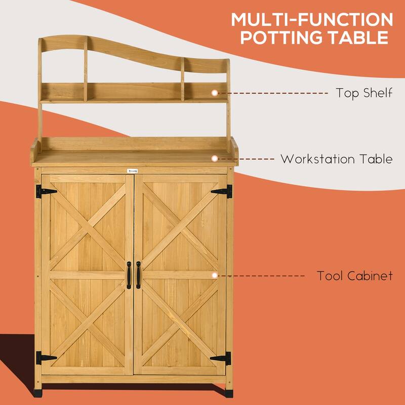 Outsunny Outdoor Potting Bench Table & Garden Storage Cabinet, Multi-function Gardening Bench, Wooden Planting Workstation