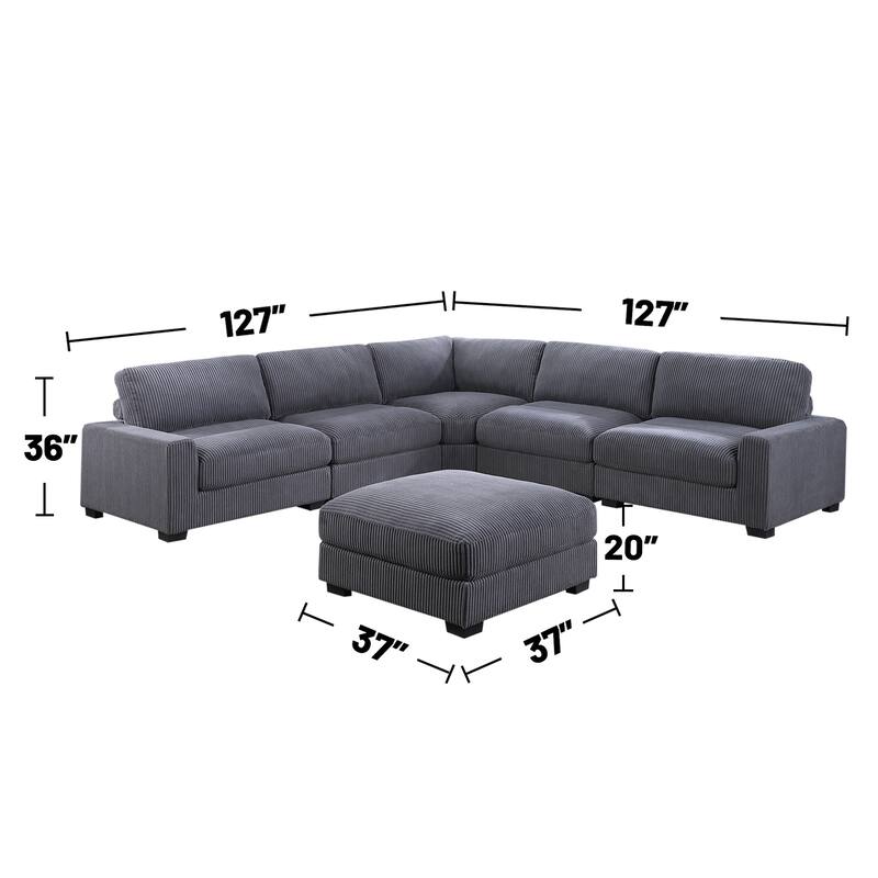 6 Piece Corduroy Upholstered L-shape Modular Sectional Sofa with Ottoman