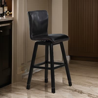 Elsa 32 Inch Swivel Bar Height Chair, Black Faux Leather, Wood, Set of 2