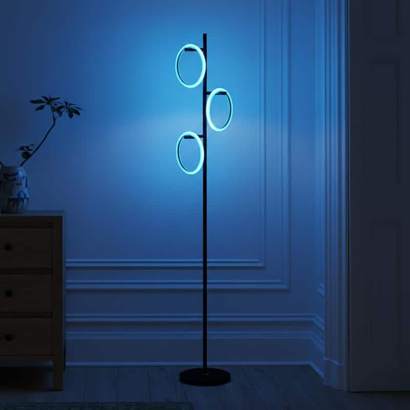 Brightech Saturn 66 in. Classic Black Industrial 3-Light Color Changing LED Floor Lamp with 3 Replaceable LED Rings