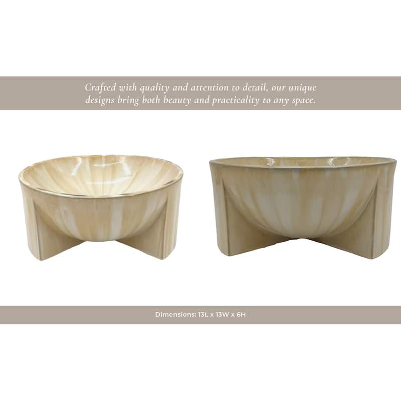 Stoneware Ceramic Decorative Bowl Sculptural Curved Base - 6" Tan - 13" x 13" x 6"