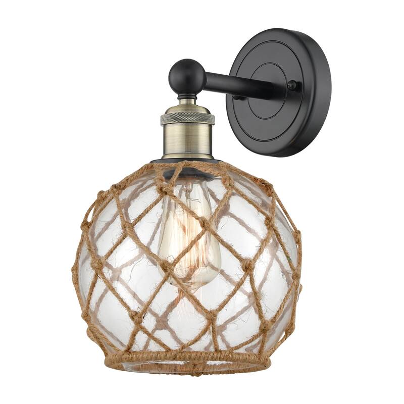 Innovations Lighting 616-1W-13-8 Farmhouse Rope Sconce Farmhouse Rope - Black Antique Brass / Clear Glass with Brown Rope
