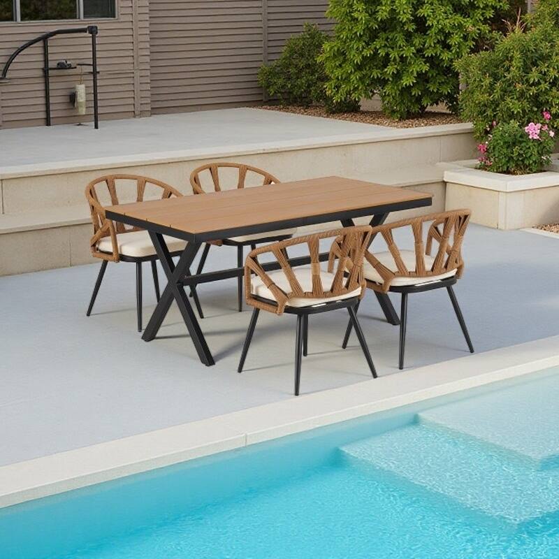 5-Piece Outdoor Dining Set with PE Rattan Chairs and Plastic Wood Table - Dark yellow