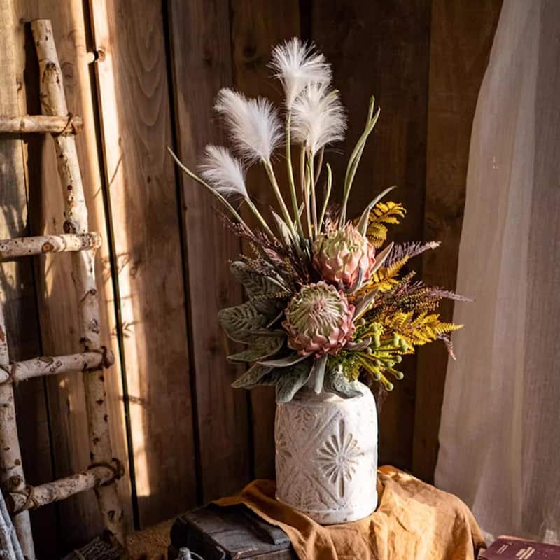 RusticReach Morning Mist Faux Flower Bouquet with King Protea and Reed Flowers - Multi