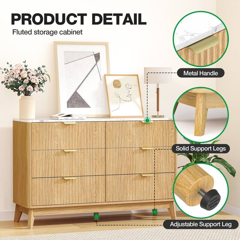 47" Wooden Buffet Cabinet With Faux Marble Top & Fluted Chest Of Drawers With Curved Edges