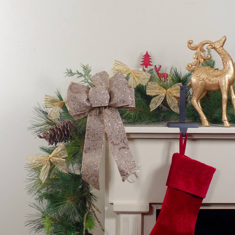 Burlap Glitter Scroll 6-Loop Christmas Bow Decoration - 9" x 14" - Brown and Gold - 9" x 14"