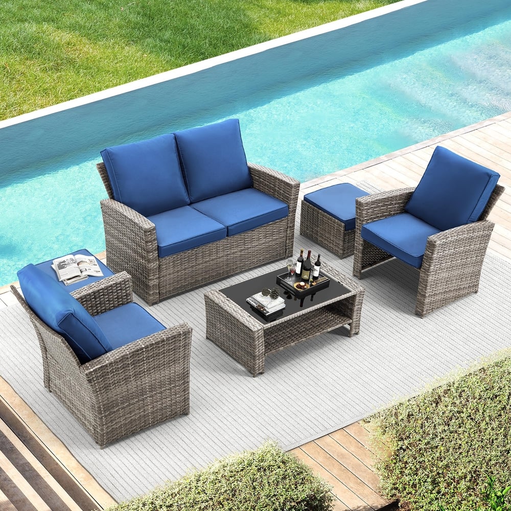 6-Piece Outdoor Sectional Sofa Set, PE Wicker Patio Furniture with Storage Coffee Table & Ottoman, Cushions, for Garden
