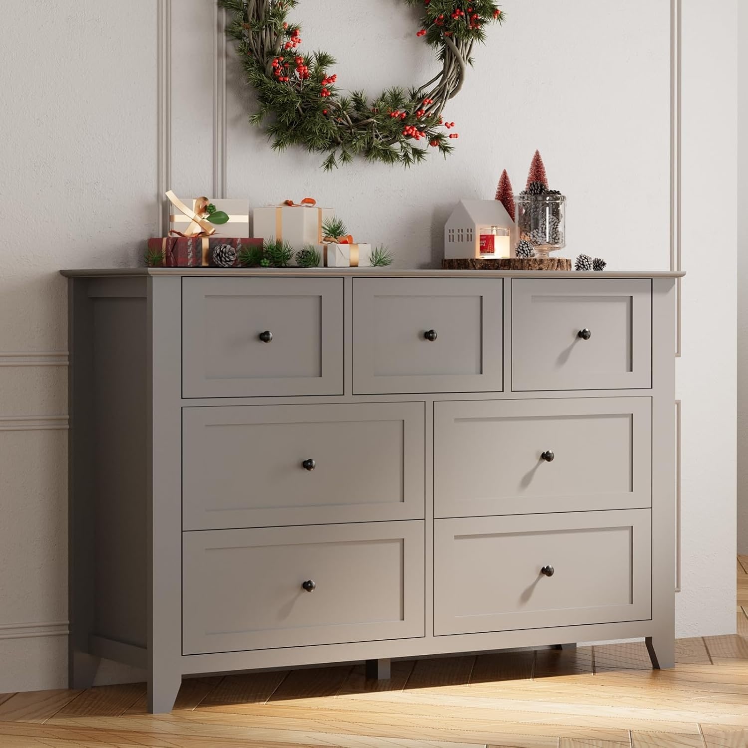 7 Drawer Dresser, Modern Wood Chest with Gold Handles, Large Storage for Bedroom or Hallway, Black