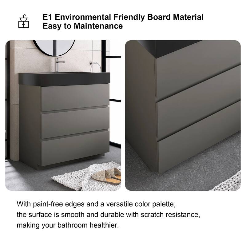 Freestanding Bathroom Vanity with Black Solid Surface Top