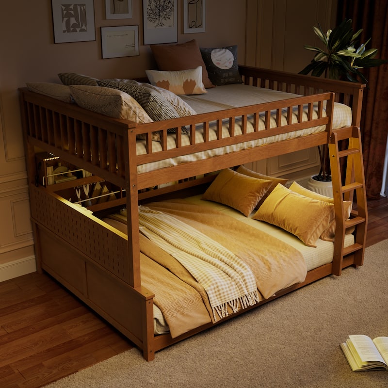 Full XL over Queen/Full over Full Bunk Bed with Integrated Shelving, Color-Changing Lights & Pegboard