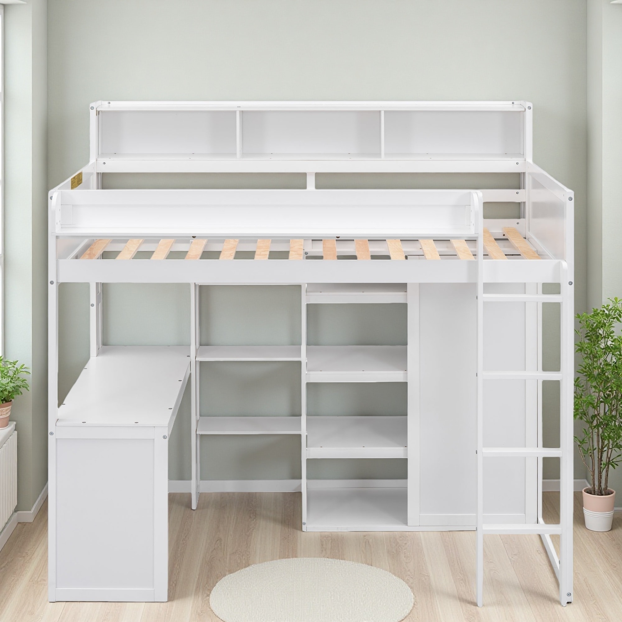 Twin Size Solid Wood Loft Bed with Wardrobe, Multiple Storage Shelves, Cabinets and Desk