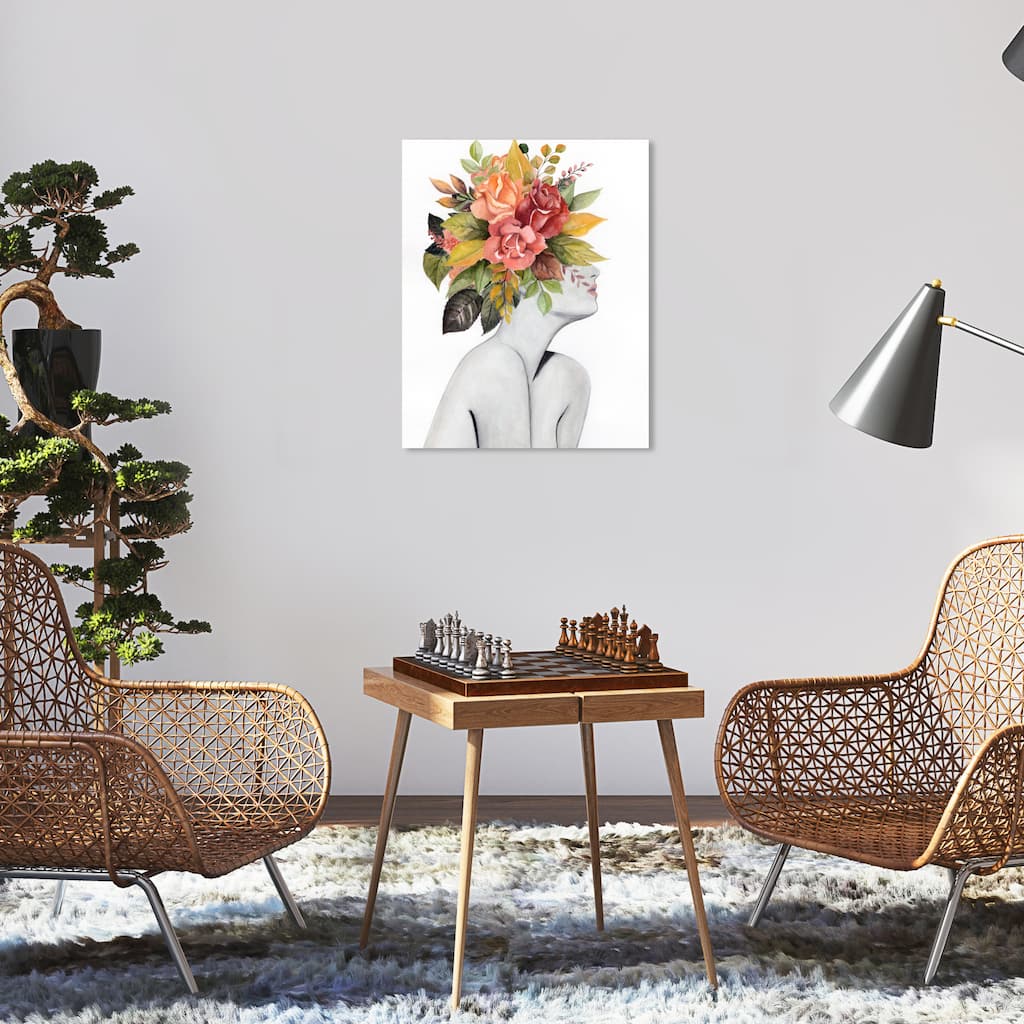 Wynwood Studio Fashion and Glam Autumn Leaf Headress Green and Peach Modern & Contemporary Wall Art Canvas Print