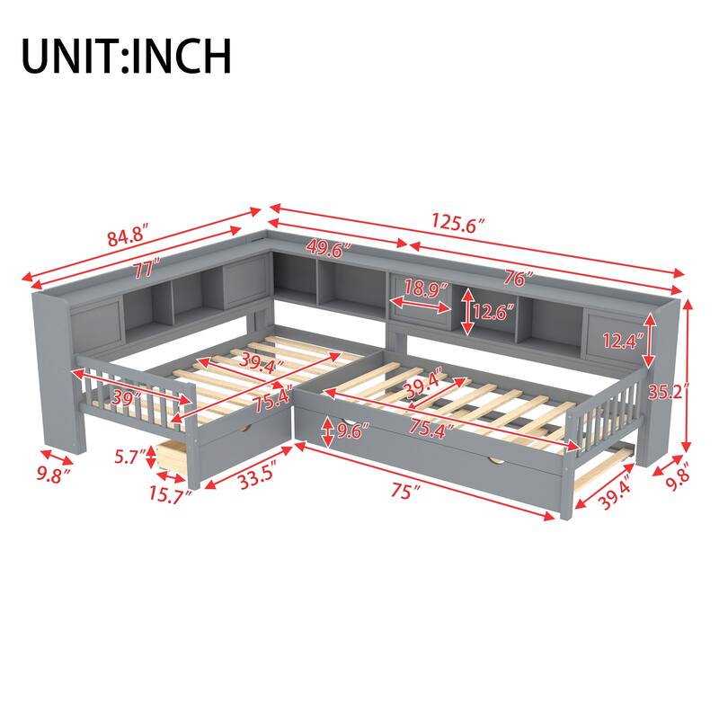 L-shaped Bunk Platform Bed Twin Size Solid Wood Storage Bedframe with Trundle, Drawer and Open Shelves for Boys, Girls, Kids