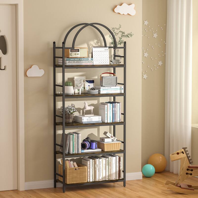5-tier Bookcase Stand Metal Wood Structure - 30 in. W X 10 in. D X 77 in. H