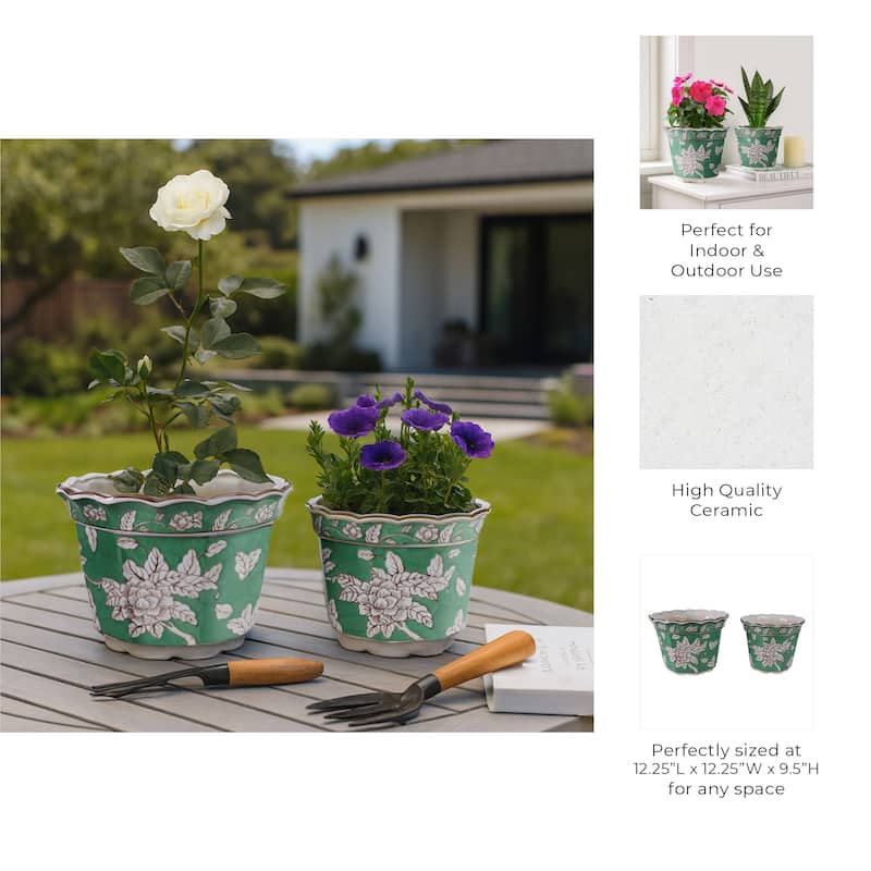 Ceramic Planters Embossed Bird Floral Detailing Scalloped (Set of 2)