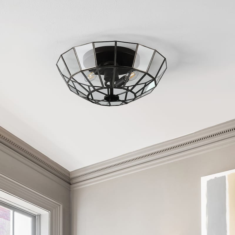 Eivissa 15.5" 2-Light Farmhouse Rustic Iron/Glass LED Semi Flush Mount, Oil Rubbed Bronze/Clear by JONATHAN Y