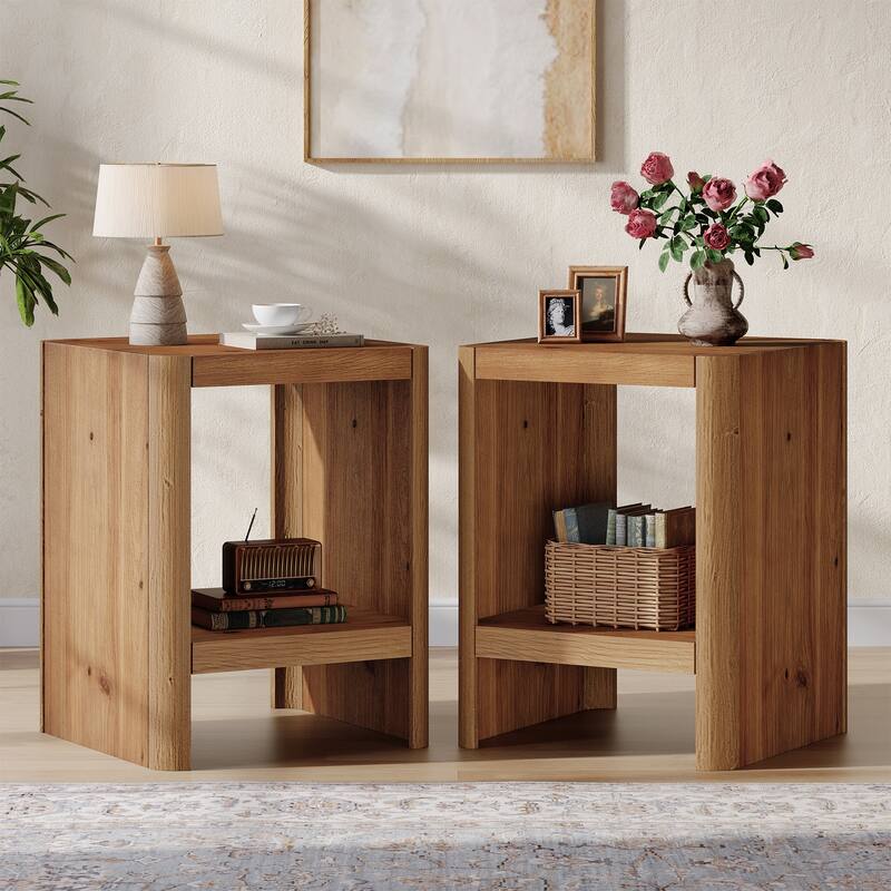 Solid Wood End Table, Rustic Side Table with Open Storage Shelf
