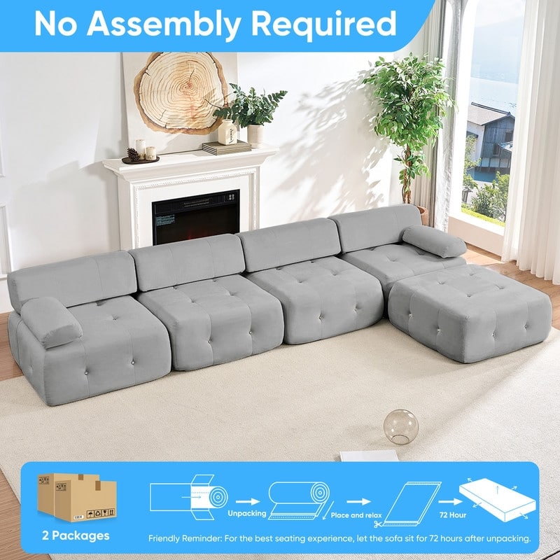 Mixoy 134inch Modular Sectional Sofa with Ottoman,Velvet L-Shaped Couch Indoor for Living Room - 133.9"w x 66.9"D x 24.8"H