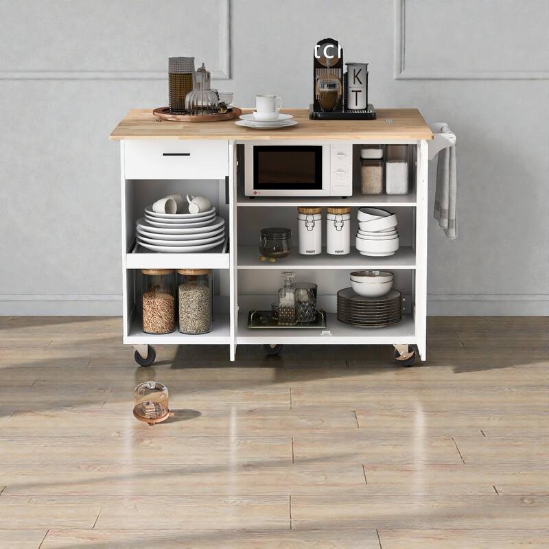 Kitchen Island Cart with Foldable Countertop, Rolling Kitchen Cart with Drawer, Slide-Out Shelf