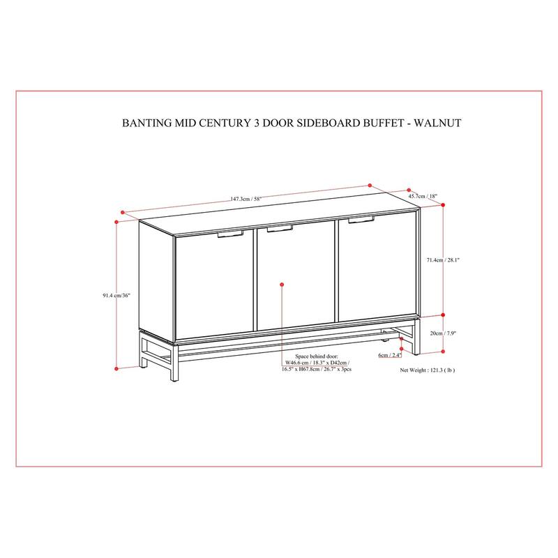 Simpli Home Banting SOLID HARDWOOD & Metal 58x18" Rectangle Modern 3 Door Sideboard Buffet - 18" D x 58" W x 36" H