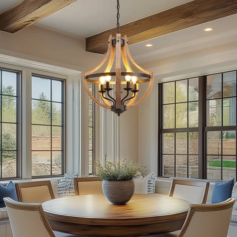 YANSUN 5-Light Anchor-Shaped Geometric Chandelier, E12 Sockets, Dark Wood and Matte Black Metal for Rustic Lighting