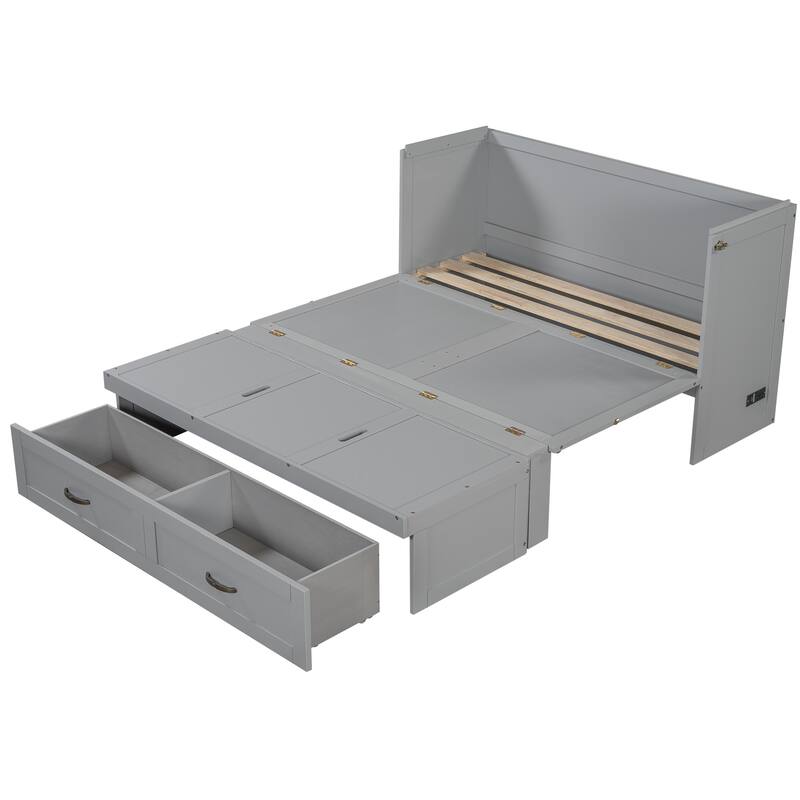 Space-Saving Design Murphy Bed with USB Ports, Large Drawers and Metal Handles