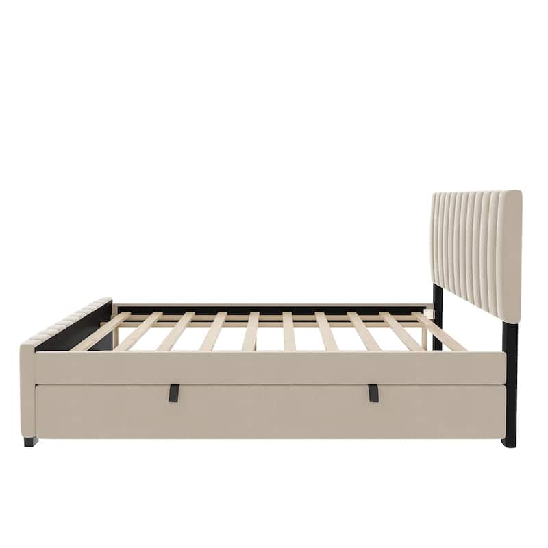 Velvet Fabric Upholstered Platform Bed with Twin Size Trundle