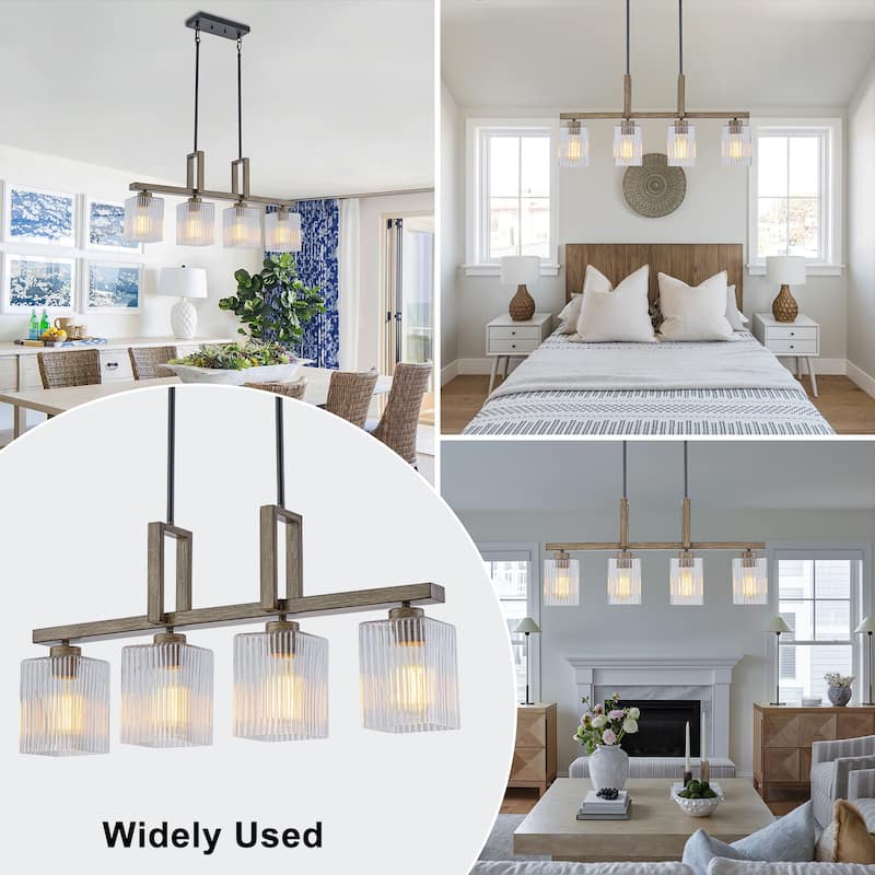 4-Light Faux Wood Linear Island Chandelier with Ribbed Glass Shades - Dia.30.51-in
