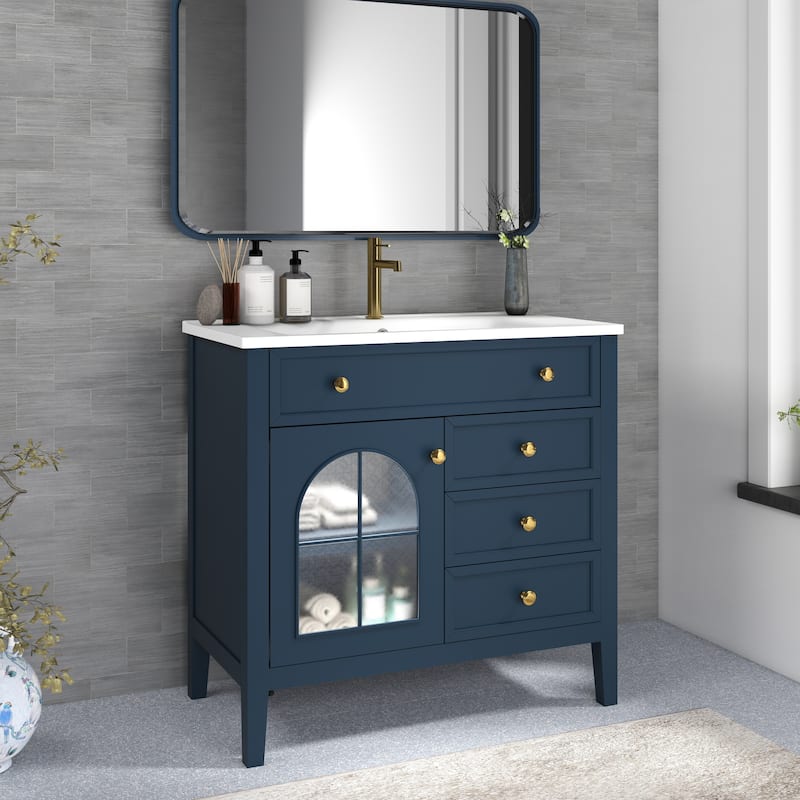 35.6-Inch Mid-Century Bathroom Vanity Sink with Patterned Glass & Motion-Sensor Light Strip, High-End Vanity Cabinet