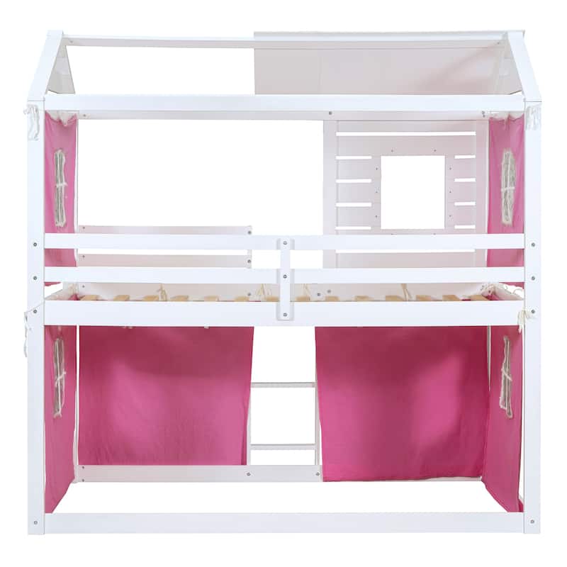 Pink+White Twin Size Solid Wood House Bunk Bed with Tent, Ladder, and Fence