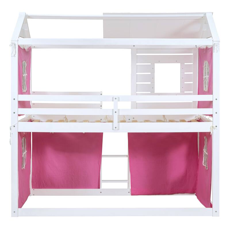 Solid Wood House Bunk Bed with Tent, Ladder and Fence for Kids, Bedroom