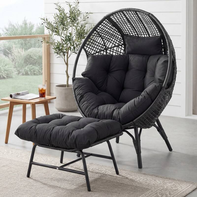 Outdoor Wicker Egg Chair with Ottoman, 6.5" Cushions, 440 lb Capacity - 1 PC-Dark Grey