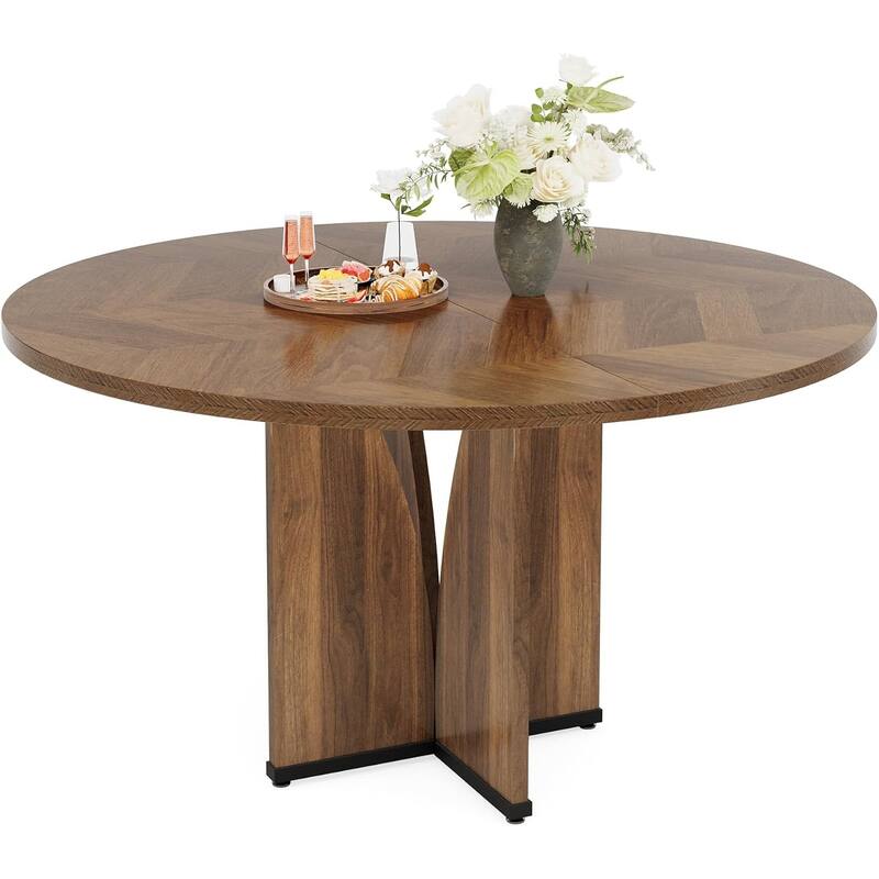 39.4" Round Dining Table for 4, Rustic Brown Farmhouse Kitchen Table with Wooden Top and Legs, Small Wood Dining Room Table