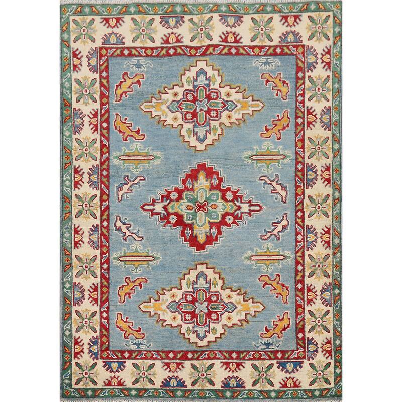 Light Blue Medallion Kazak Oriental Rug Hand-Knotted Wool Carpet - 3'5" x 4'10"