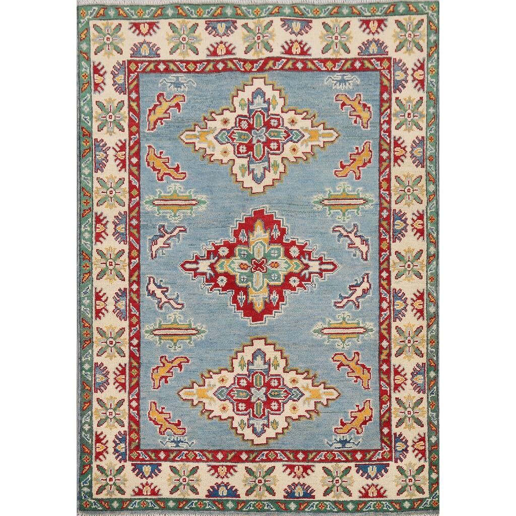 Light Blue Medallion Kazak Oriental Rug Hand-Knotted Wool Carpet - 3'5" x 4'10"