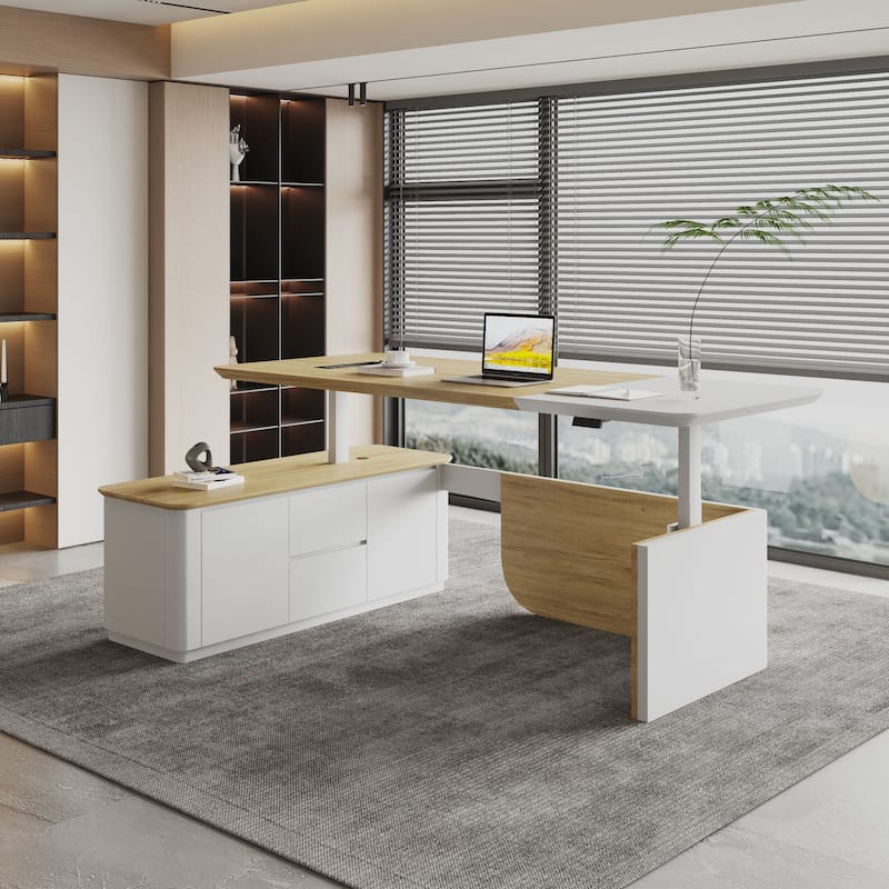 WESOME White Adjustable L Shaped Desk with LED Power Outlets, Electric Sit and Stand Desk