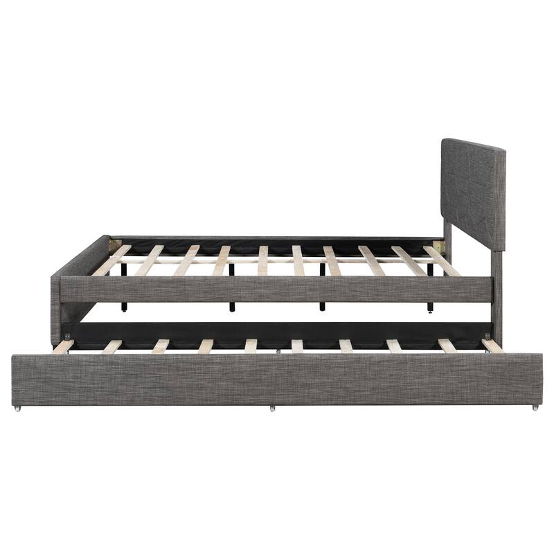 Roomfitters Queen Size Upholstered Platform Bed Frame with Twin XL Trundle and Geometric Patterned Headboard