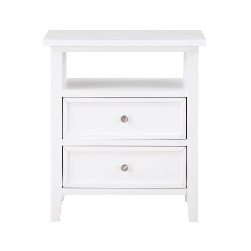 2- Drawer Nightstand with Nickel Knobs and Open Shelf Solid Wood Construction
