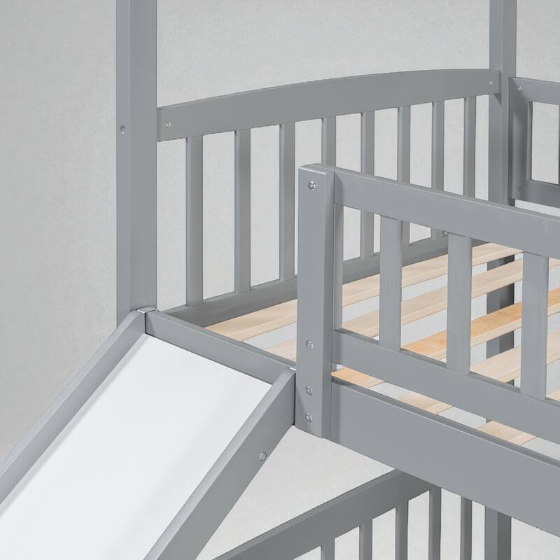 Twin Over Twin House Bunk Bed with Slide, Solid Wood Kids Bunk Bed with Guardrails and Ladder, No Box Spring Needed